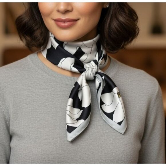 ⭐New Elegant Bandana Square Scarf Silky Satin Soft BLACK WHITE Floral Wrap Shawl - Picture 1 of 8